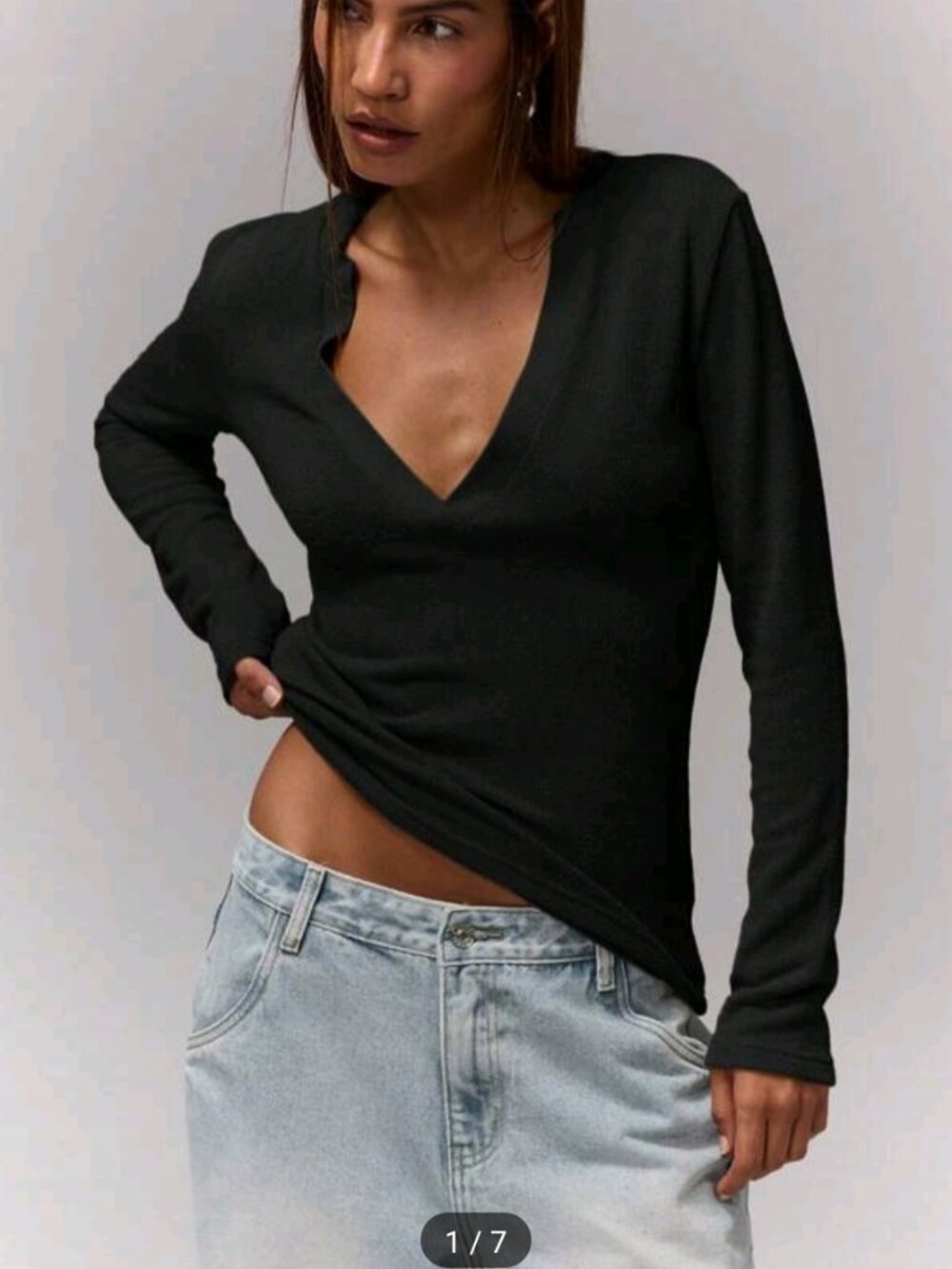 Women Notch Neckline Long Sleeve Fitted Top Black Size XS NEW